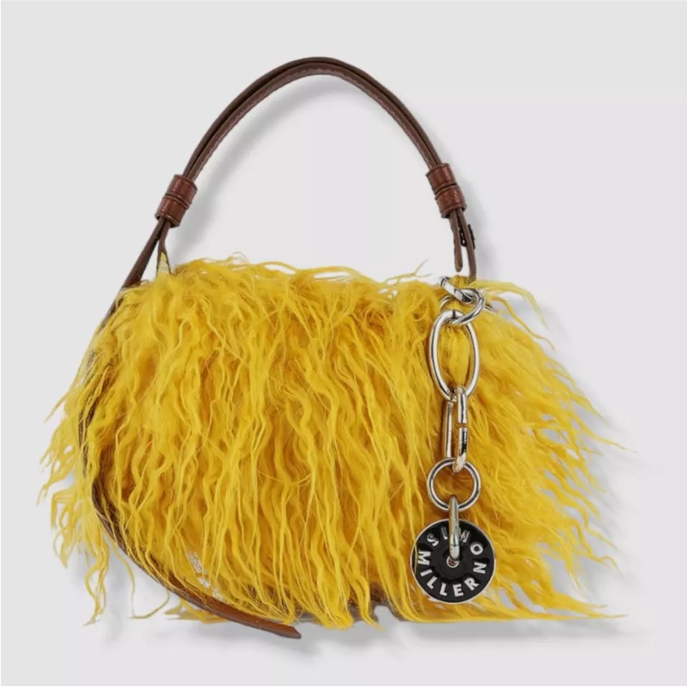 SIMON MILLER Women’s Yellow Mini Puffin faux-fur shoulder purse bag